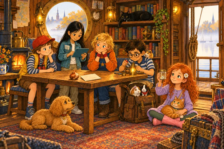 Inside the houseboat: the children examine a tulip bulb and a jar containing a sparkling drop.