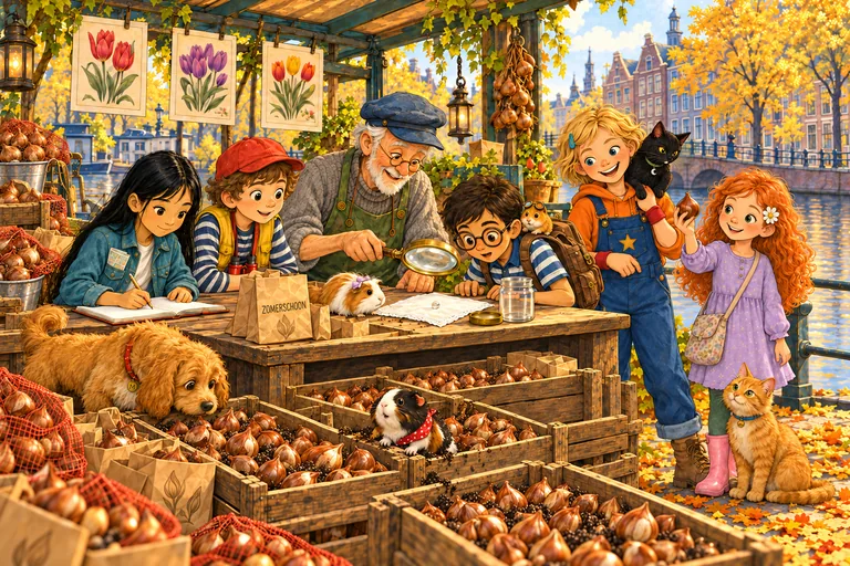 At an autumn market in Amsterdam, an old stallholder shows the children his tulip bulbs. Ben looks through a magnifying glass.