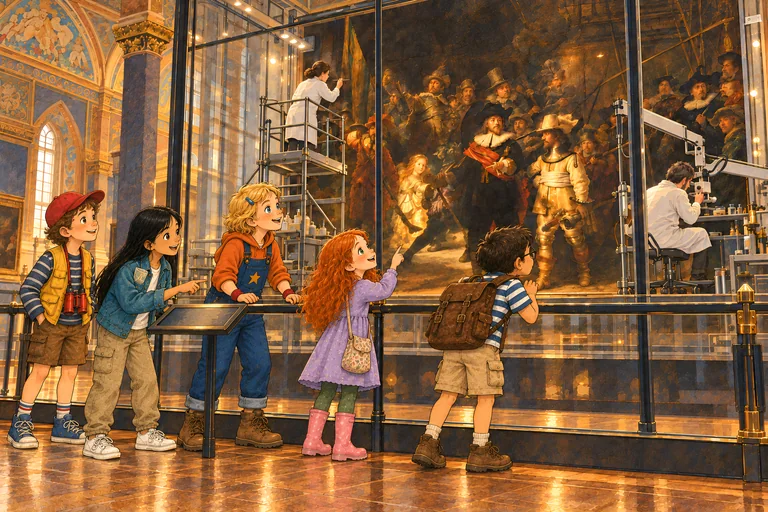 At the museum, the children stand before a large, famous painting behind glass.