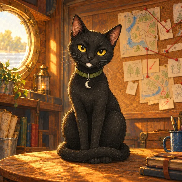 Alva, a black cat with golden-yellow eyes, a small pale patch on her chin, and a green collar with a silver crescent moon, sits upright on the table.