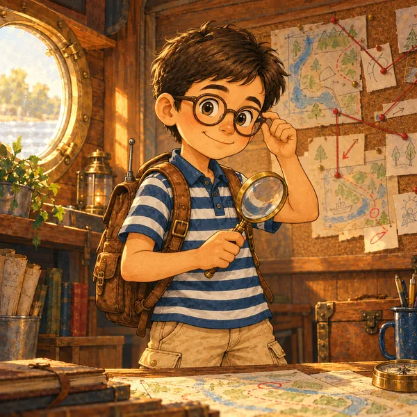 Ben wears round glasses, a blue-and-white striped polo shirt, and a brown backpack. He holds a magnifying glass and pushes up his glasses with his other hand.