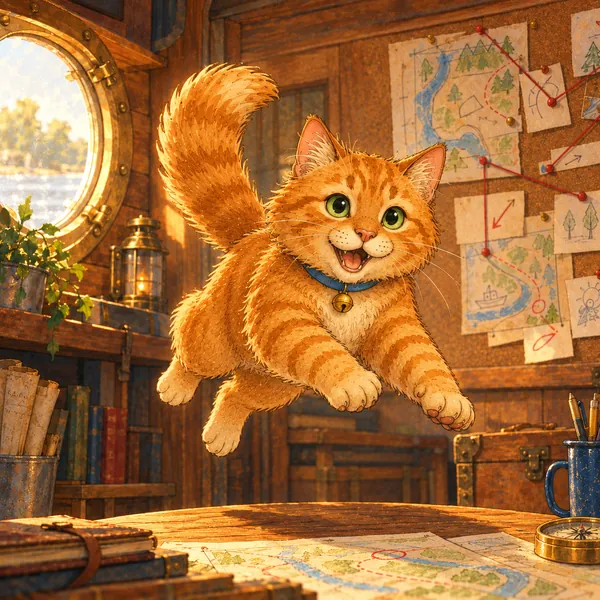 Charlie, an orange tabby cat with green eyes and a blue collar with a gold bell, leaps happily across the picture.