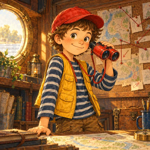 Finn wears a red cap, a yellow vest, and a blue-and-white striped shirt. He holds his red binoculars, with the headquarters bulletin board behind him.