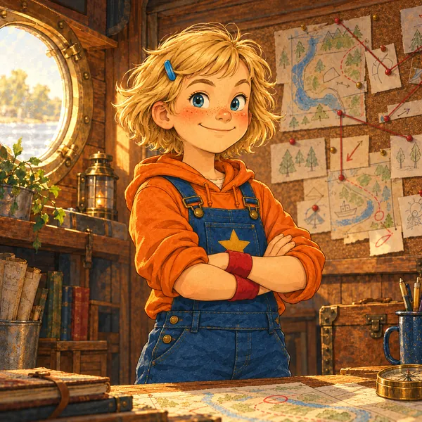 Greta smiles with her arms crossed. She has short blond hair, a blue hair clip, an orange hoodie, blue overalls with a gold star, and a red wristband.