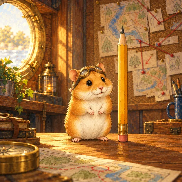 Hamsti-Hams, a tiny golden-orange dwarf hamster with a white belly and inventor’s goggles on his head, stands beside a pencil that is bigger than he is.