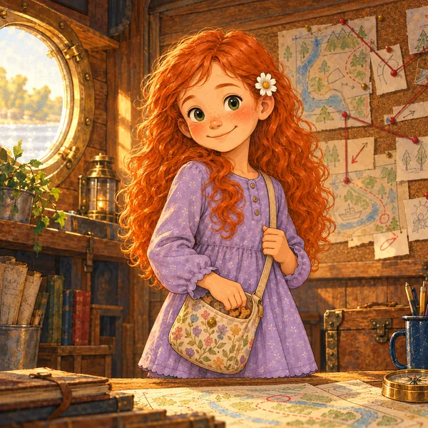 Lia has long copper-red curls, a white flower in her hair, and a purple dress. She reaches into her floral shoulder bag.