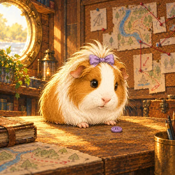 Lulu, a long-haired white-and-caramel guinea pig with a purple bow, sits on the map table next to a purple button.