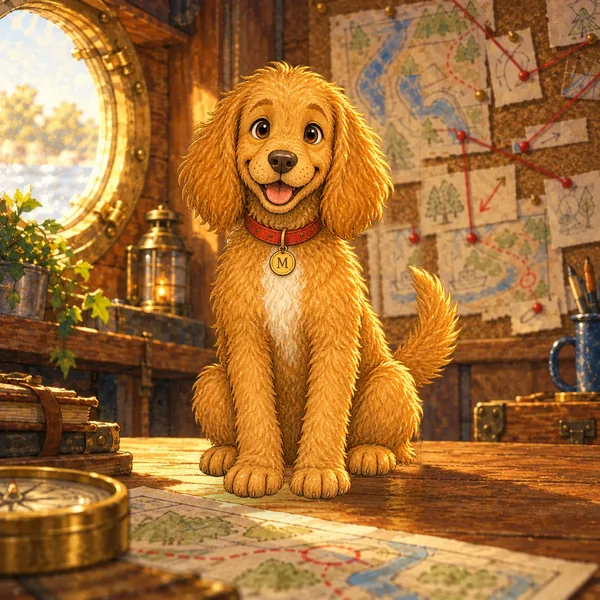 Maili sits happily in headquarters. He is a golden-brown dog with curly fur, a pale patch on his chest, long floppy ears, and a red collar with a round gold tag bearing an M.