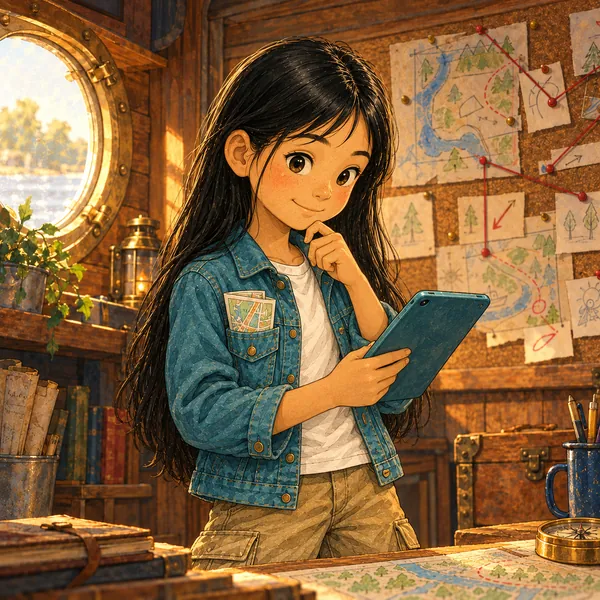 Mia has long, loose black hair and wears a teal denim jacket, a white shirt, and beige cargo pants. She thoughtfully taps her tablet. A folded map peeks out of her breast pocket.
