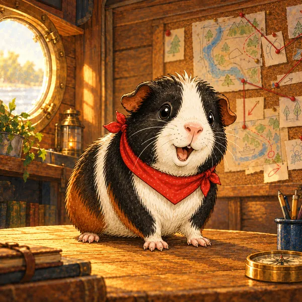 Rocky, a black, white, and brown guinea pig with a white stripe on his forehead and a red bandana, gives a cheeky grin.