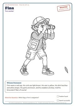 Coloring page preview: a line drawing of Finn with a witness statement