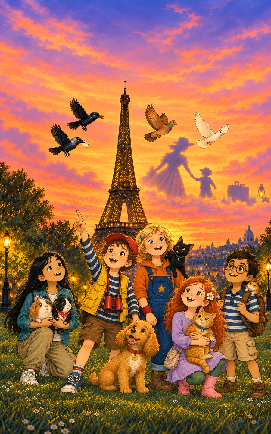 Book 2 cover: the five children and their six animals stand on a field in front of the Eiffel Tower at sunset. Four birds and shadow figures appear among the clouds.