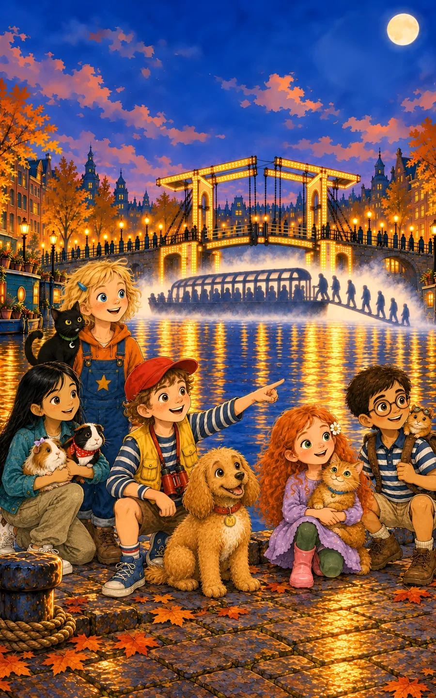 Book 3 cover: the five children and their six animals beside an Amsterdam canal at night. Behind them are a lit drawbridge and a boat in the mist above the water.