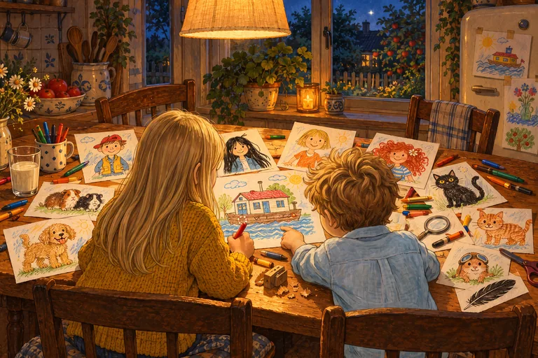 Seen from behind, two children sit at the kitchen table in the evening, drawing. Colored-pencil pictures of the detectives, their animals, and the houseboat lie around them.