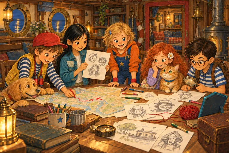 The five children sit around a table covered in maps and drawings, inventing a case together. Maili rests his head on the table, and Charlie sits beside Lia.