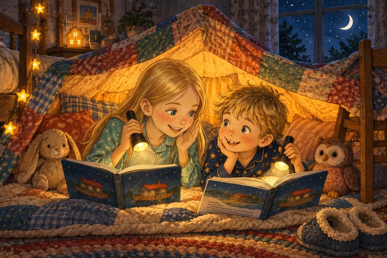 Two siblings lie in a blanket fort in the evening, reading by flashlight. Each has their own book from the same series.