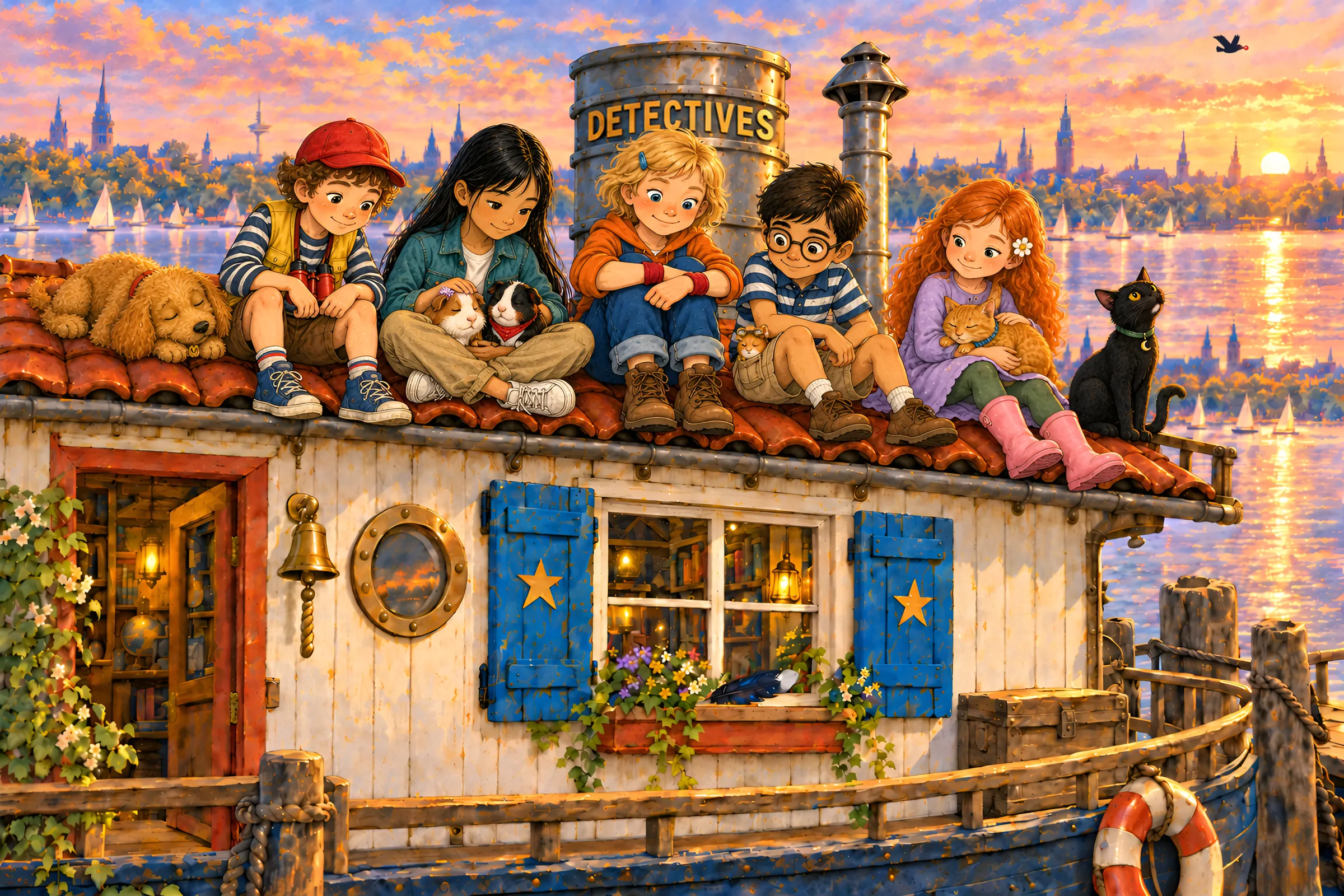 Sunset on the Außenalster: Finn, Mia, Greta, Ben, and Lia sit side by side on their houseboat’s red tiled roof, above white wood siding and blue shutters. Maili sleeps on the roof, Mia holds Lulu and Rocky, Hamsti-Hams sits beside Ben, Lia holds Charlie, and Alva sits next to her. The broad chimney reads DETECTIVES in gold letters, with sailboats and the city’s towers behind it.