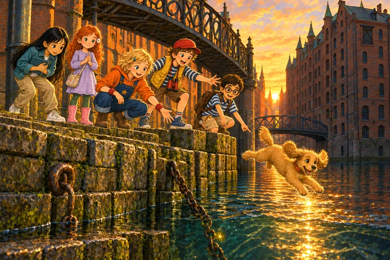Evening in the Speicherstadt: Maili jumps into the Fleet while the children watch from the quay.