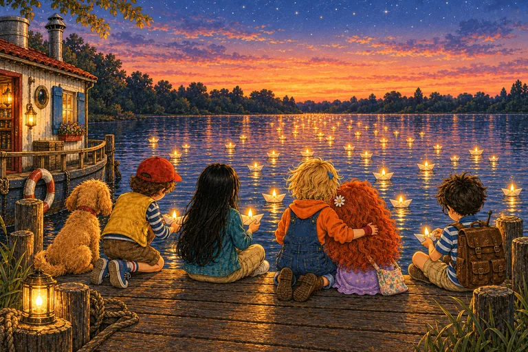 In the evening, the five detectives sit on the dock with Maili and set little paper boats with lights afloat on the Alster.