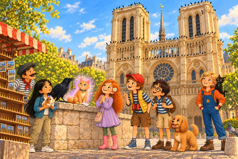 In front of Notre-Dame: in a purple shimmer, Charlie has jumped onto a low wall right beside Lia. A crow sits nearby.