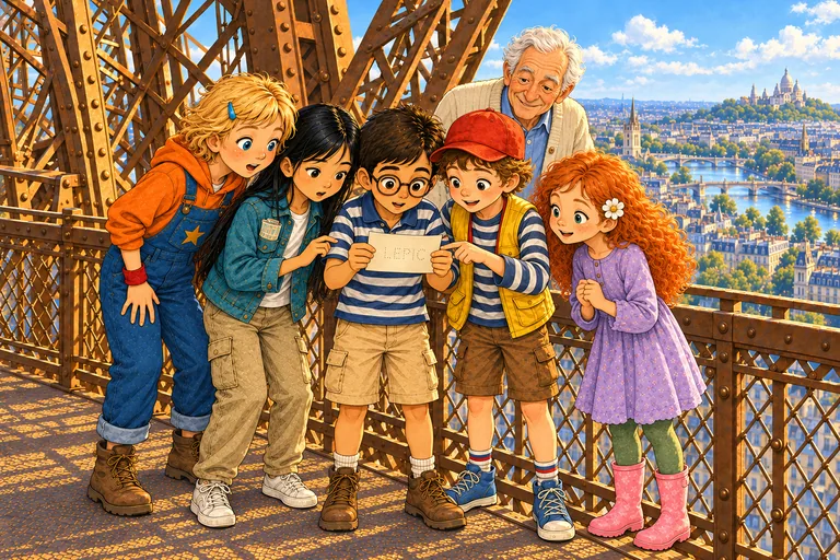 On the Eiffel Tower, the five children examine a piece of paper with tiny holes. An older man stands behind them, with Paris in the background.