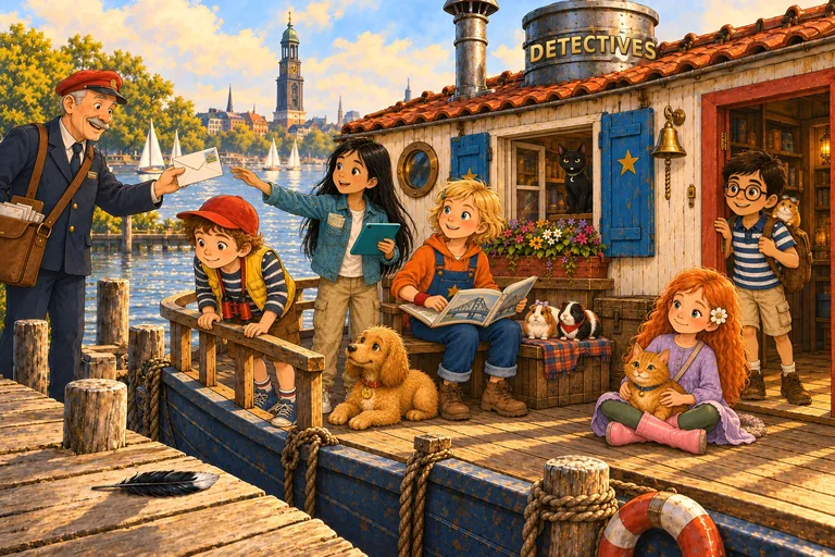A mail carrier brings a letter from Paris to the houseboat. Mia takes it while the other children and animals are on deck.