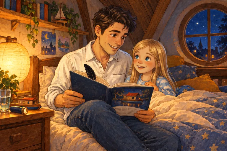 A father reads to his child in bed in the evening. A black feather marks the page.